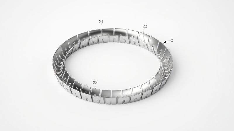 一种HA型弹簧组合油封结构图6图6（V型弹簧立体图）：显示弹片（23）、第一凹槽（21）与第二凹槽（22）的交错排列，阐释预紧力产生机制。
