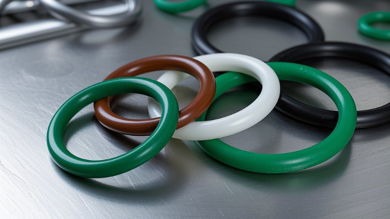 绿色的棕色的白色的黑色的O型密封圈，比例 「16_9」，背景为不锈钢桌面