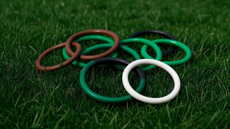 1绿色的棕色的白色的黑色的O型密封圈，比例 16_9__，背景为草地